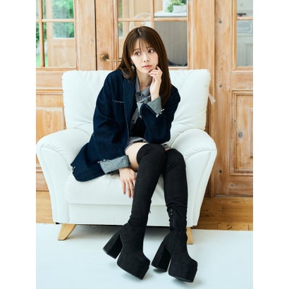 マフモフ Mafmof Mafmof(マフモフ)11.5cmバルキーヒール厚底プラットフォームストレッチニーハイブーツ （ブラック・スエード）｜詳細画像
