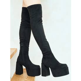 (マフモフ)11.5cmバルキーヒール厚底プラットフォームストレッチニーハイブーツ （ブラック・スエード）