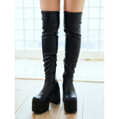 マフモフ Mafmof Mafmof(マフモフ)11.5cmバルキーヒール厚底プラットフォームストレッチニーハイブーツ （ブラック・PU）｜詳細画像