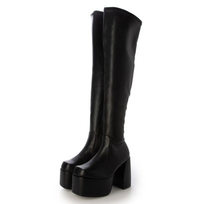 マフモフ Mafmof Mafmof(マフモフ)11.5cmバルキーヒール厚底プラットフォームストレッチニーハイブーツ （ブラック・PU）｜詳細画像