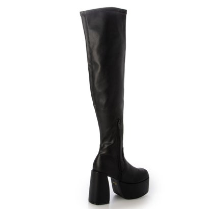マフモフ Mafmof Mafmof(マフモフ)11.5cmバルキーヒール厚底プラットフォームストレッチニーハイブーツ （ブラック・PU）｜詳細画像