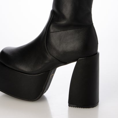 マフモフ Mafmof Mafmof(マフモフ)11.5cmバルキーヒール厚底プラットフォームストレッチニーハイブーツ （ブラック・PU）｜詳細画像