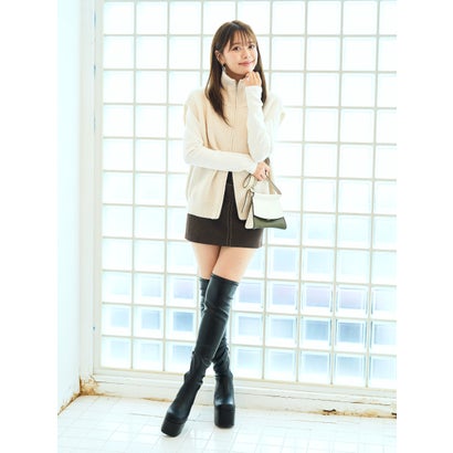 マフモフ Mafmof Mafmof(マフモフ)11.5cmバルキーヒール厚底プラットフォームストレッチニーハイブーツ （ブラック・PU）｜詳細画像