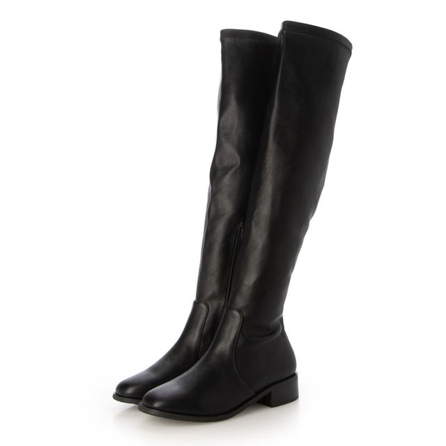 Realta(レアルタ)3.5cmヒールストレッチフラットニーハイブーツ （ブラック・PU）