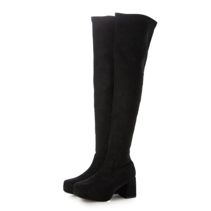 マフモフ Mafmof Mafmof(マフモフ)7.5cmヒール厚底プラットフォームストレッチスエードサイハイブーツ （ブラック・スエード）｜詳細画像