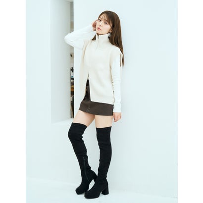マフモフ Mafmof Mafmof(マフモフ)7.5cmヒール厚底プラットフォームストレッチスエードサイハイブーツ （ブラック・スエード）｜詳細画像