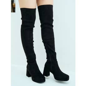 (マフモフ)7.5cmヒール厚底プラットフォームストレッチスエードサイハイブーツ （ブラック・スエード）