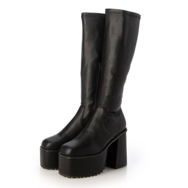 (マフモフ)12.5cmヒール厚底プラットフォームスクエアトゥタンクソールロングブーツ （ブラック・PU）