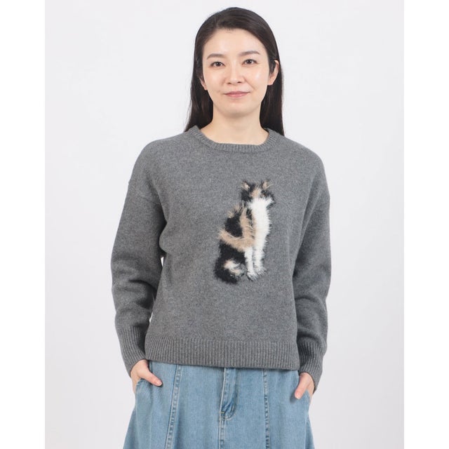 猫モチーフメリノウールニット （グレー）