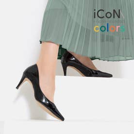 【 iCoN COLORS 】7.0cmヒール 痛くなりにくい 美脚 ポインテッドトゥ エナメル カラーパンプス／C76531 （ブラックE）