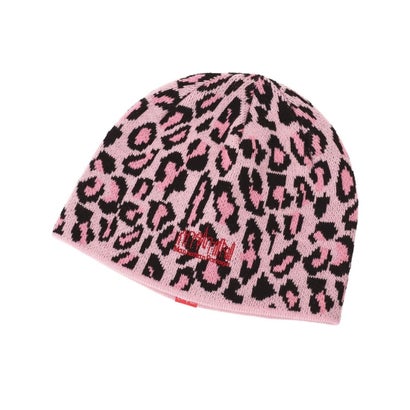 ニット帽 ビーニー ニットキャップ ロゴ レオパード柄 LEOPARD （PINK）｜詳細画像
