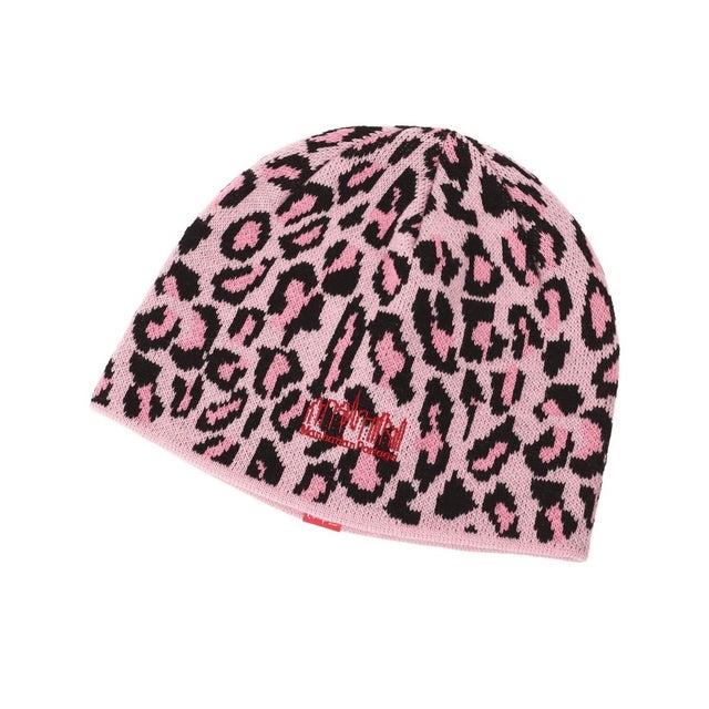 ニット帽 ビーニー ニットキャップ ロゴ レオパード柄 LEOPARD （PINK）