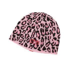 ニット帽 ビーニー ニットキャップ ロゴ レオパード柄 LEOPARD （PINK）