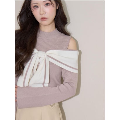 マジェスティックレゴン MAJESTIC LEGON バイカラーリボン肩あきニット （グレー）｜詳細画像