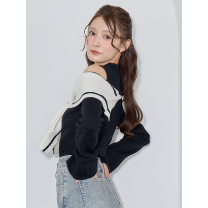 マジェスティックレゴン MAJESTIC LEGON バイカラーリボン肩あきニット （グレー）｜詳細画像