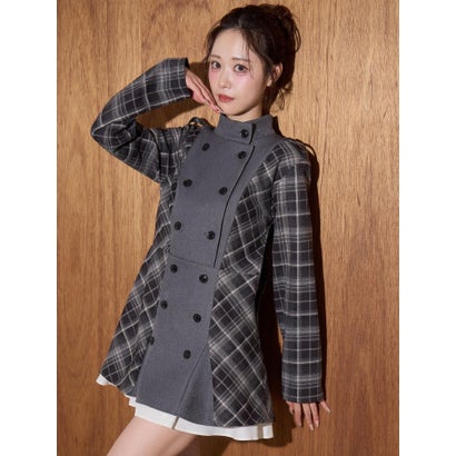 ダブル釦配色チェックミニワンピ （ブラウン柄）｜詳細画像