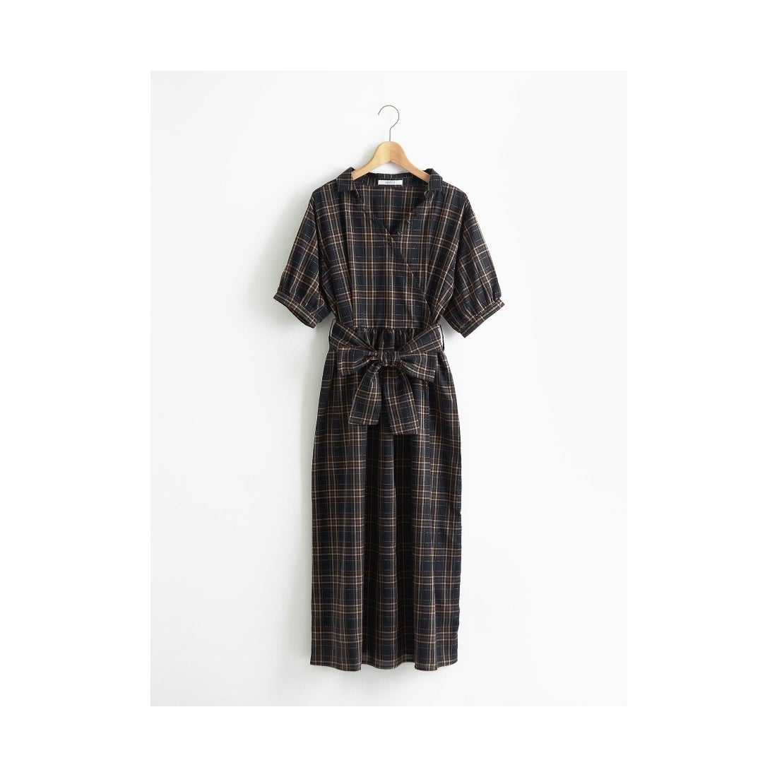 MAJESTIC LEGON カシュクール風チェック柄シャツワンピース ブラウン柄 