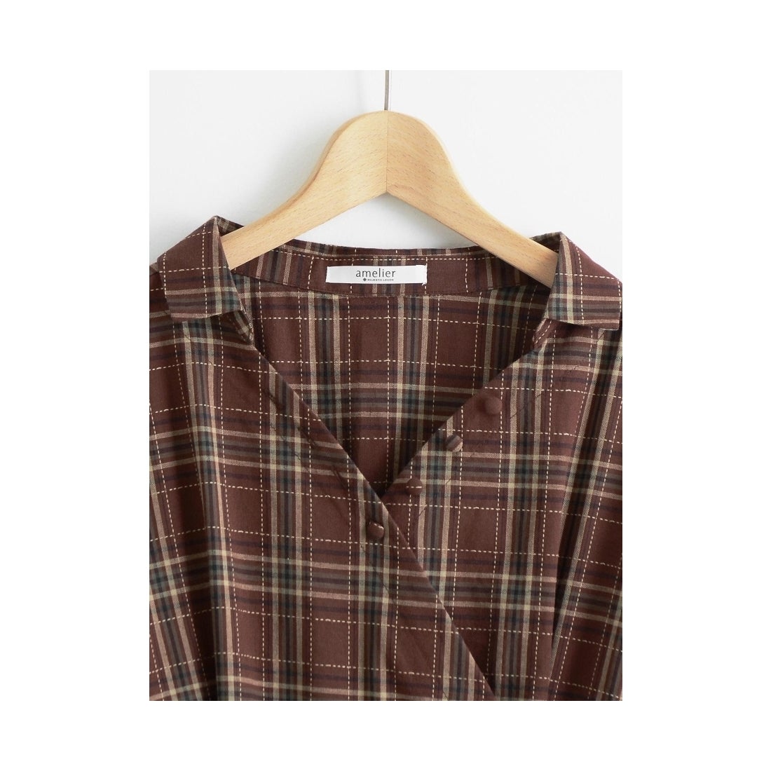 MAJESTIC LEGON カシュクール風チェック柄シャツワンピース ブラウン柄 