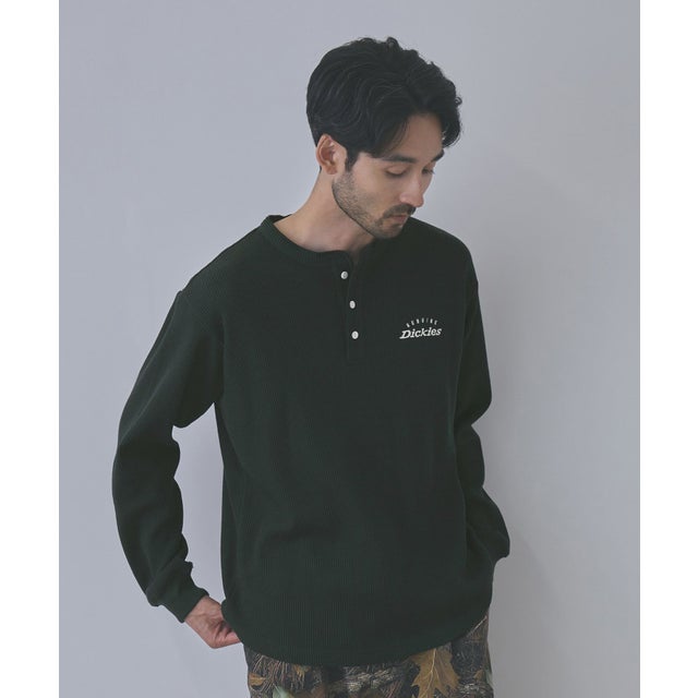 ワッフルヘンリーネック長袖Tシャツ （Dグリーン）