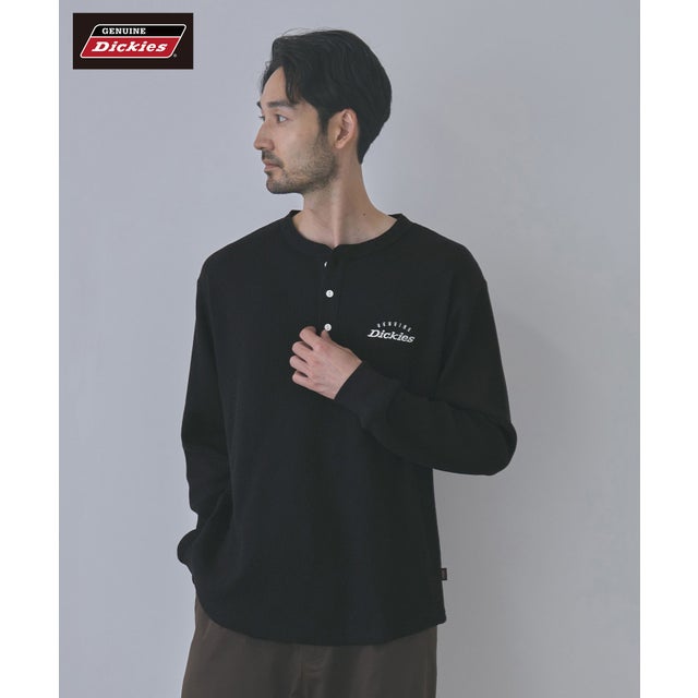ワッフルヘンリーネック長袖Tシャツ （ブラック）