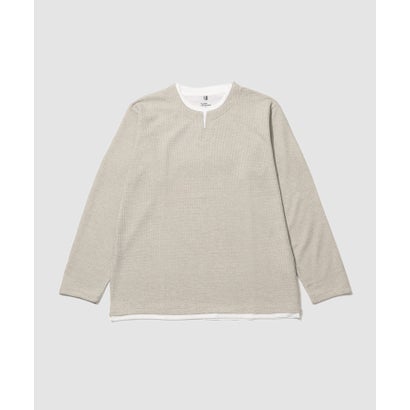 メランジ変形ワッフルキーネック フェイクレイヤード長袖Tシャツ （ネイビー）｜詳細画像