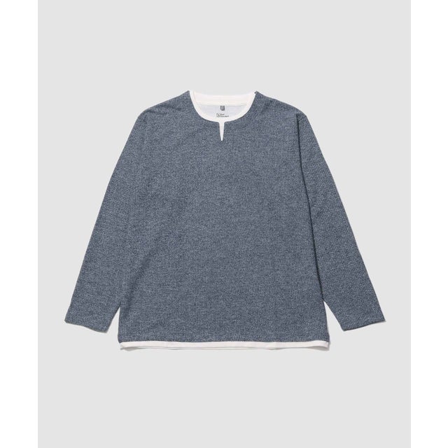 メランジ変形ワッフルキーネック フェイクレイヤード長袖Tシャツ （ネイビー）