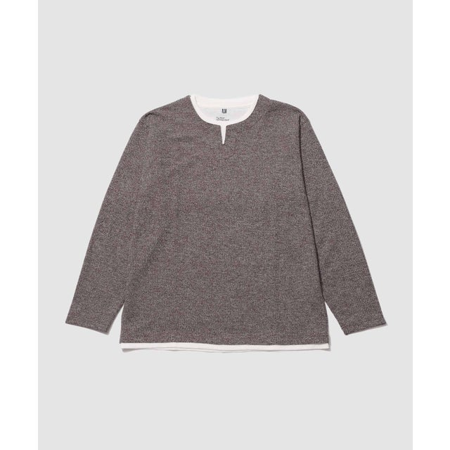 メランジ変形ワッフルキーネック フェイクレイヤード長袖Tシャツ （ブラウン）