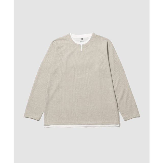 メランジ変形ワッフルキーネック フェイクレイヤード長袖Tシャツ （ベージュ）