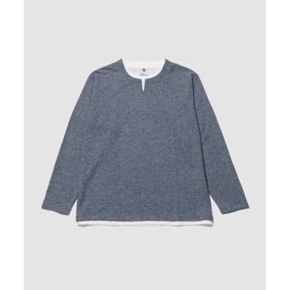 メランジ変形ワッフルキーネック フェイクレイヤード長袖Tシャツ （ブラック）｜詳細画像