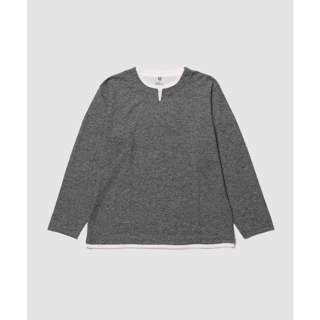 メランジ変形ワッフルキーネック フェイクレイヤード長袖Tシャツ （ブラック）