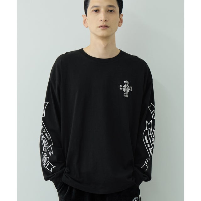 クロスモチーフプリント長袖Tシャツ （ブラック）
