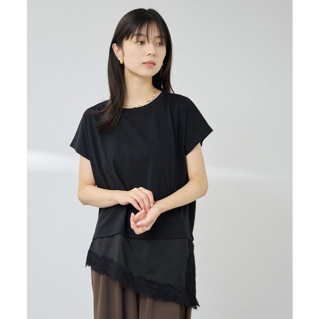 SARARI 接触冷感 UVカット 裾アシンメトリーレースTシャツ （ブラック）