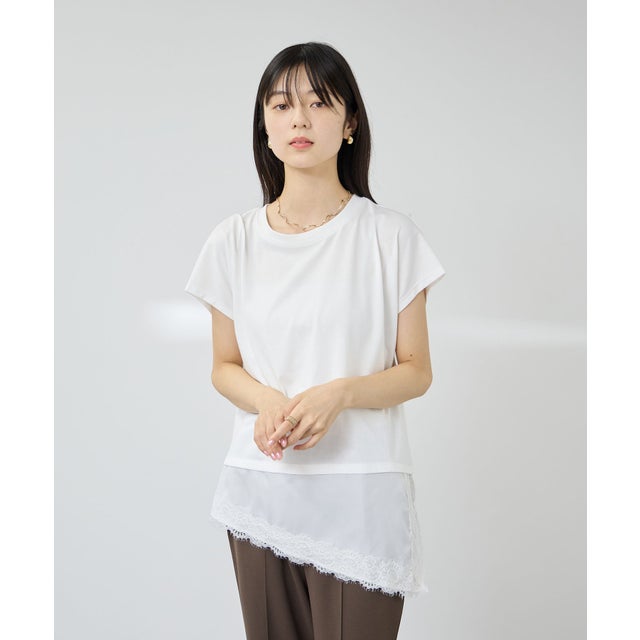 SARARI 接触冷感 UVカット 裾アシンメトリーレースTシャツ （オフホワイト）