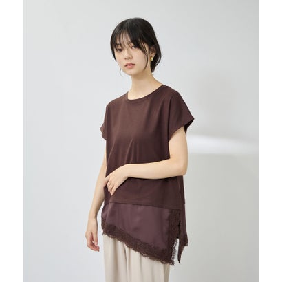 SARARI 接触冷感 UVカット 裾アシンメトリーレースTシャツ （ブラウン）｜詳細画像