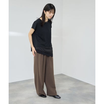 SARARI 接触冷感 UVカット 裾アシンメトリーレースTシャツ （ブラウン）｜詳細画像