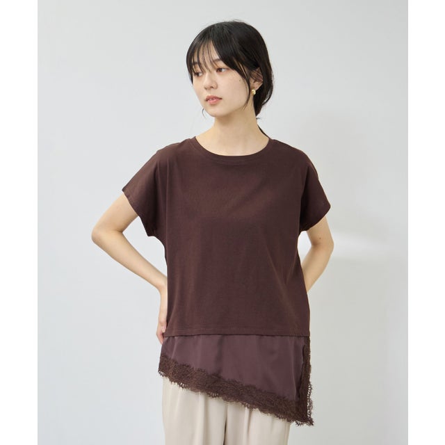 SARARI 接触冷感 UVカット 裾アシンメトリーレースTシャツ （ブラウン）