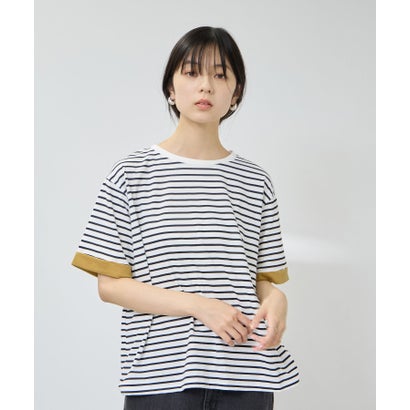 SARARI 接触冷感 UVカット 袖配色クルーネックTシャツ （マスタード）｜詳細画像