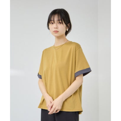 SARARI 接触冷感 UVカット 袖配色クルーネックTシャツ （マスタード）｜詳細画像
