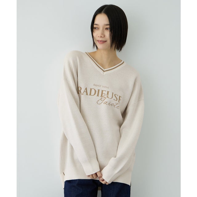 ロゴジャガードVネックニットプルオーバー （アイボリー）