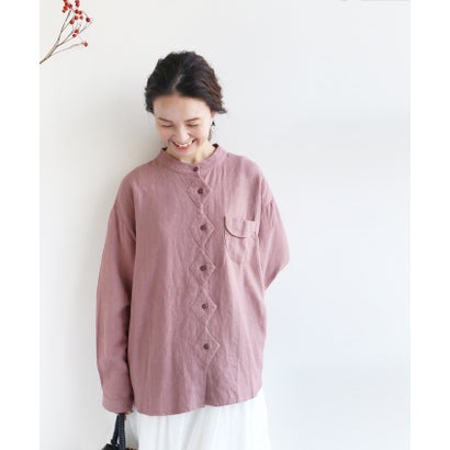 サンポクシェル sanpo kuschel 【連なるダイヤシャツ】ノーカラーシャツトップス （あずき）｜詳細画像
