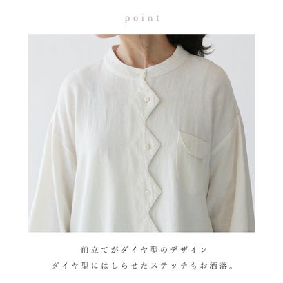 サンポクシェル sanpo kuschel 【連なるダイヤシャツ】ノーカラーシャツトップス （あずき）｜詳細画像