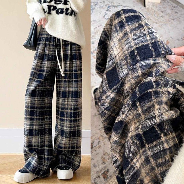 暖かく心地良いチェック柄ワイドパンツ （ネイビー）