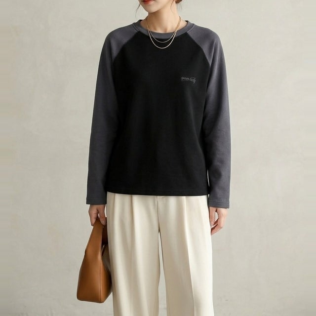 一枚でストリート感が高まる、配色切り替え長袖トップス 長袖Tシャツ 配色 ラグランスリーブ オーバーサイズ クルーネック 厚手 保温 暖かい ワンポイント 刺繍 ストリート 秋 冬 （ブラック）