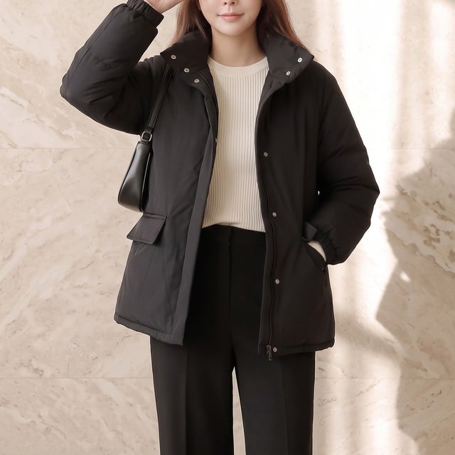 軽くてゆったり着られる、大人カジュアルな中綿ブルゾン ジャケット ビッグシルエット オーバーサイズ ゆったり ボリューム袖 長袖 大きめポケット 軽量 防寒 ハイネック スタンドカラー カジュアル 冬 （ブラック）