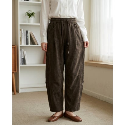 ルーズシルエットが魅力の、イージーカーブパンツ レディース バレルレッグパンツ ワイドパンツ ルーズパンツ 起毛 総ゴム ウエストゴム ゆったり カジュアル ミリタリー風 韓国 Y2K 秋服 冬服 （ブラウン）｜詳細画像