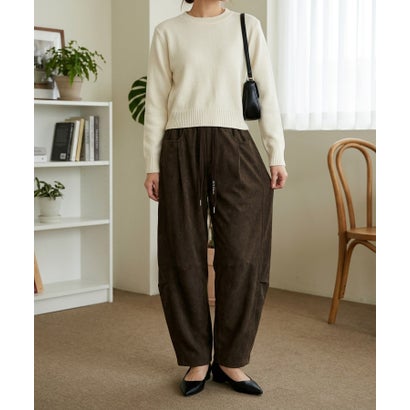 ルーズシルエットが魅力の、イージーカーブパンツ レディース バレルレッグパンツ ワイドパンツ ルーズパンツ 起毛 総ゴム ウエストゴム ゆったり カジュアル ミリタリー風 韓国 Y2K 秋服 冬服 （ブラウン）｜詳細画像