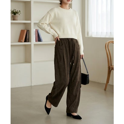 ルーズシルエットが魅力の、イージーカーブパンツ レディース バレルレッグパンツ ワイドパンツ ルーズパンツ 起毛 総ゴム ウエストゴム ゆったり カジュアル ミリタリー風 韓国 Y2K 秋服 冬服 （ブラウン）｜詳細画像