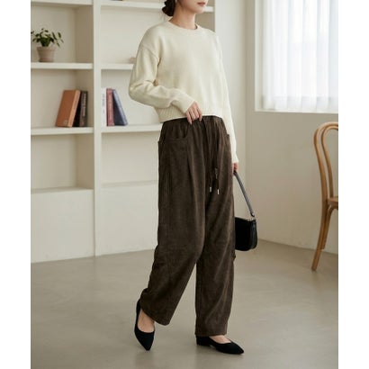 ルーズシルエットが魅力の、イージーカーブパンツ レディース バレルレッグパンツ ワイドパンツ ルーズパンツ 起毛 総ゴム ウエストゴム ゆったり カジュアル ミリタリー風 韓国 Y2K 秋服 冬服 （ブラウン）｜詳細画像