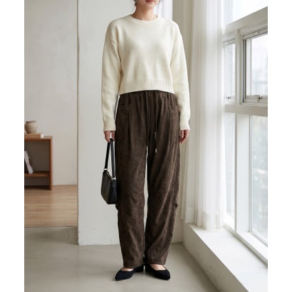 ルーズシルエットが魅力の、イージーカーブパンツ レディース バレルレッグパンツ ワイドパンツ ルーズパンツ 起毛 総ゴム ウエストゴム ゆったり カジュアル ミリタリー風 韓国 Y2K 秋服 冬服 （ブラウン）｜詳細画像
