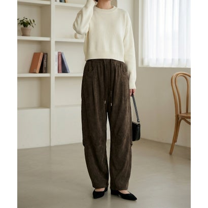 ルーズシルエットが魅力の、イージーカーブパンツ レディース バレルレッグパンツ ワイドパンツ ルーズパンツ 起毛 総ゴム ウエストゴム ゆったり カジュアル ミリタリー風 韓国 Y2K 秋服 冬服 （ブラウン）｜詳細画像